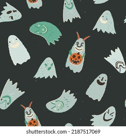 Halloween vector seamless pattern for fabric, wallpapers, wrapping paper, and other print and design. Creepy ghosts with burning eyes and spooky smiles, evil spirits, or boggart holding jack-o