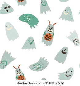 Halloween vector seamless pattern for fabric, wallpapers, wrapping paper, and other print and design. Creepy ghosts with burning eyes and spooky smiles, evil spirits, or boggart holding jack-o