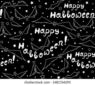 Halloween vector seamless pattern with flying bats and words "Happy Halloween!"