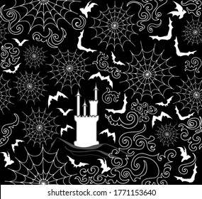 Halloween vector seamless pattern with flying bats, spider web and magic castle