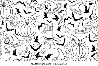 Halloween vector seamless pattern with flying bats, curling ornamental lines, castles and pumpkins