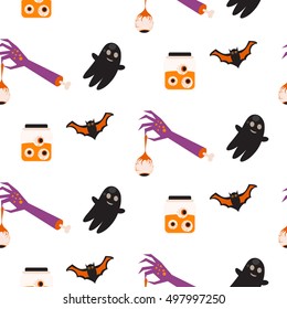Halloween vector seamless pattern. Flying bats and ghost, zombie hand holding eye, jar.