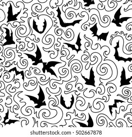 Halloween vector seamless pattern with flying bats and curling ornamental lines