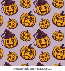 Halloween vector seamless pattern. Funny pumpkins with different emotions. Design for halloween party decoration, fabric and wrapping.