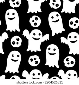 Halloween vector seamless pattern with funny ghosts and skulls