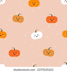 Halloween vector seamless pattern. Funny smile pumpkins with cross. 