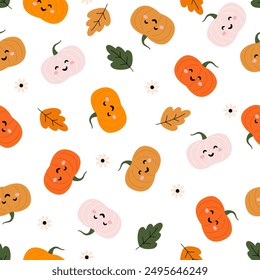 Halloween vector seamless pattern. Funny smile pumpkins with leaves anf flowers. 