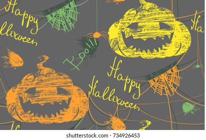 Halloween vector seamless pattern with funny pumpkins and spider web.