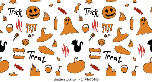 Halloween vector seamless pattern. Ghost, coffin, candy, pumpkin, cauldron, cat, witch hat. For design, packaging, wallpaper, party decoration, background, factories, manufactories