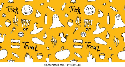 Halloween vector seamless pattern. Ghost, coffin, candy, pumpkin, cauldron, cat, witch hat. 