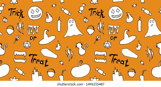 Halloween vector seamless pattern. Ghost, coffin, candy, pumpkin, cauldron, cat, witch hat. For design, packaging, wallpaper, party decoration, background, factories, manufactories