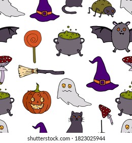 Halloween vector seamless pattern. Ghost, broom, cat, bat, hat background. Holiday colorful texture  for wrapping, wallpaper, textile, scrapbooking. Hand drawn vector illustration in doodle style