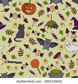 Halloween vector seamless pattern. Ghost, broom, cat, bat, hat background. Holiday colorful texture  for wrapping, wallpaper, textile, scrapbooking. Hand drawn vector illustration in doodle style