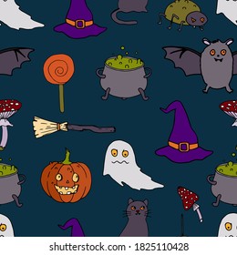 Halloween vector seamless pattern. Ghost, broom, cat, bat, hat background. Holiday colorful texture  for wrapping, wallpaper, textile, scrapbooking. Hand drawn vector illustration in doodle style