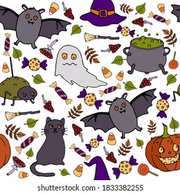 Halloween vector seamless pattern. Ghost, broom, cat, bat, hat background. Holiday colorful texture  for wrapping, wallpaper, textile, scrapbooking. Hand drawn vector illustration in doodle style