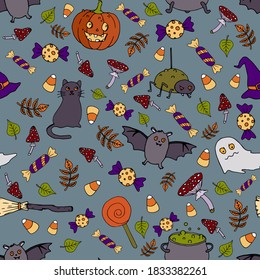 Halloween vector seamless pattern. Ghost, broom, cat, bat, hat background. Holiday colorful texture  for wrapping, wallpaper, textile, scrapbooking. Hand drawn vector illustration in doodle style