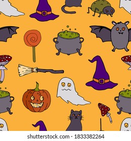 Halloween vector seamless pattern. Ghost, broom, cat, bat, hat background. Holiday colorful texture  for wrapping, wallpaper, textile, scrapbooking. Hand drawn vector illustration in doodle style