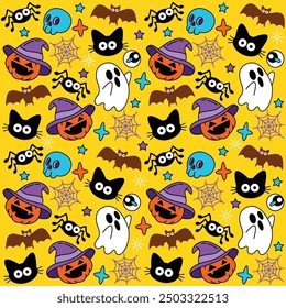 Halloween vector seamless pattern with ghost, skull, pumpkin, spider and cat