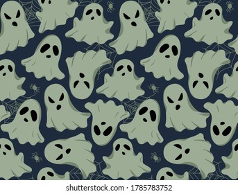 Halloween vector seamless pattern with ghosts and leaves