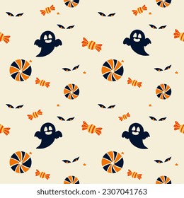 Halloween Vector seamless pattern with Ghosts, Bats, Candy and Eyeballs.