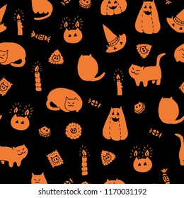 Halloween vector seamless pattern. Hand drawn ink doodles of fat cats, pumpkins, hats, cookies, candles and candies. Orange on black