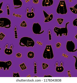 Halloween vector seamless pattern. Hand drawn ink doodles of fat cats, pumpkins, hats, cookies, candles and candies. Black on violet
