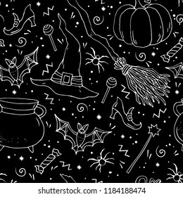 Halloween vector seamless pattern with Halloween hand drawn linen objects: .