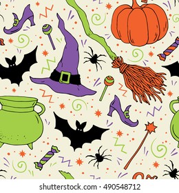 Halloween; vector seamless pattern with hand drawn halloween symbols and elements: pumpkin; witch`s hat; sweet; broom; bat; spider and other.