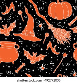 Halloween  vector seamless pattern with hand drawn halloween symbols and elements: pumpkin, witch`s hat, sweet, broom, bat, spider and other.