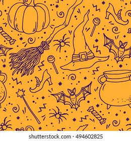 Halloween  vector seamless pattern with hand drawn halloween symbols and elements: pumpkin, witch`s hat, sweet, broom, bat, spider and other.