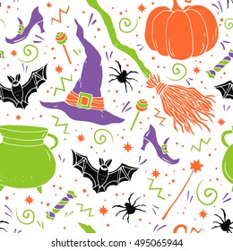 Halloween  vector seamless pattern with hand drawn halloween symbols and elements: pumpkin, witch`s hat, sweet, broom, bat, spider and other.