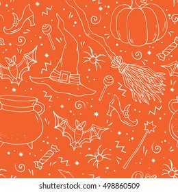 Halloween  vector seamless pattern with hand drawn halloween symbols and elements: pumpkin, witch`s hat, sweet, broom, bat, spider and other.