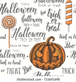 Halloween vector seamless pattern with hand drawn pumpkin, candies and hand made lettering. Pattern can be used for wallpaper, web page background, surface textures.