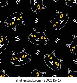 Halloween vector seamless pattern with Handdrawn Cat Head. Cartoon Animals Background in doodle style,  Vector Illustration