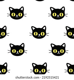 Halloween vector seamless pattern with Handdrawn Cat Head. Cartoon Animals Background in doodle style,  Vector Illustration