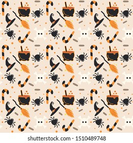 Halloween vector seamless pattern with hat ,brooms, candy and spider