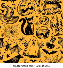 Halloween vector seamless pattern. Holiday background. Hand drawn vector illustration