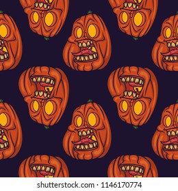 Halloween vector seamless pattern with jack o lantern pumpkins. Good for gift cards, invitation, textile, wrapping paper design.