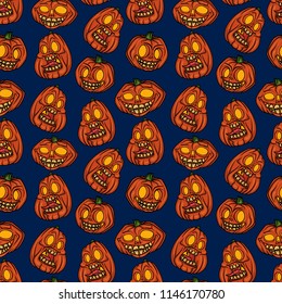 Halloween vector seamless pattern with jack o lantern pumpkins. Good for gift cards, invitation, textile, wrapping paper design.
