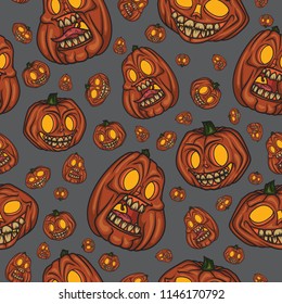 Halloween vector seamless pattern with jack o lantern pumpkins. Good for gift cards, invitation, textile, wrapping paper design.