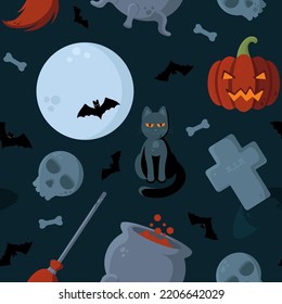 Halloween Vector Seamless Pattern With Jack O'Lantern, Moon and Bats, Grave, Skulls and Bones; Witch Cauldron and Broom, Black Cat. Perfect Print for Wrapping Paper, Packing, Textile, etc.
