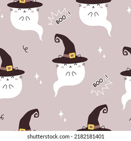 Halloween vector seamless pattern with Kawaii Cute Cat ghost. Cartoon Animals Background in doodle style,  Vector Illustration