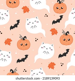 Halloween vector seamless pattern with Kawaii Cute Cat ghost. Cartoon Animals Background in doodle style,  Vector Illustration