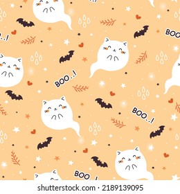 Halloween vector seamless pattern with Kawaii Cute Cat ghost. Cartoon Animals Background in doodle style,  Vector Illustration