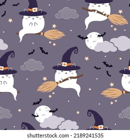 Halloween vector seamless pattern with Kawaii Cute Cat ghost. Cartoon Animals Background in doodle style,  Vector Illustration