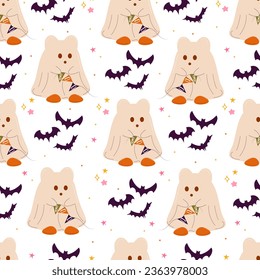 Halloween vector seamless pattern with kawaii phantom in white clothes with gerland in hands buts and stars on white background in flat style. Cartoon illustration doodle gift wrap paper design. 