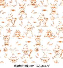 Halloween vector seamless pattern with kids in costumes 
