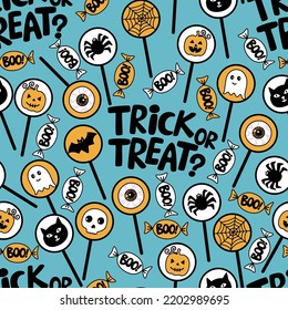 Halloween vector seamless pattern and lollipops and symbols the holiday