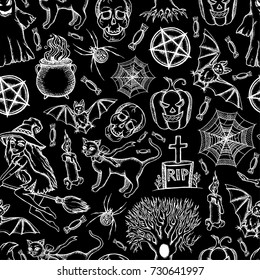 Halloween vector seamless pattern. Halloween object design isolated element. Hand drawn vector sketch doodle graphic illustration. Halloween wallpaper, party,holiday,cloth,print,icon,logo,paper,decor.