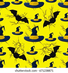 Halloween Vector Seamless Pattern on yellow background.   